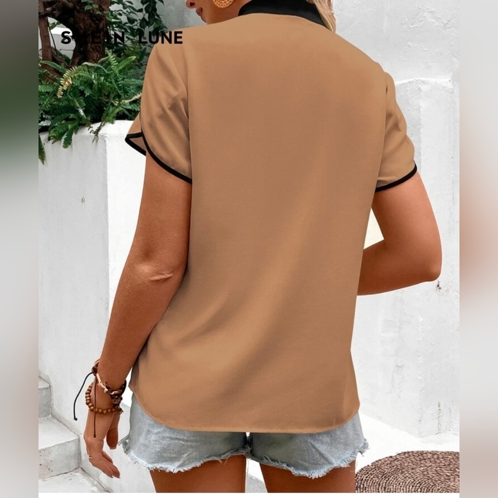 SHEIN Tan Blouse with Black Bow Accent Size Medium - Picture 2 of 5